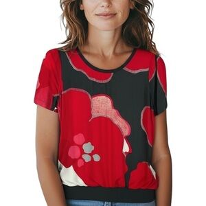 Sandwich Classic Floral Poppy Short Sleeve Round Neck Top Medium Large Red Grey